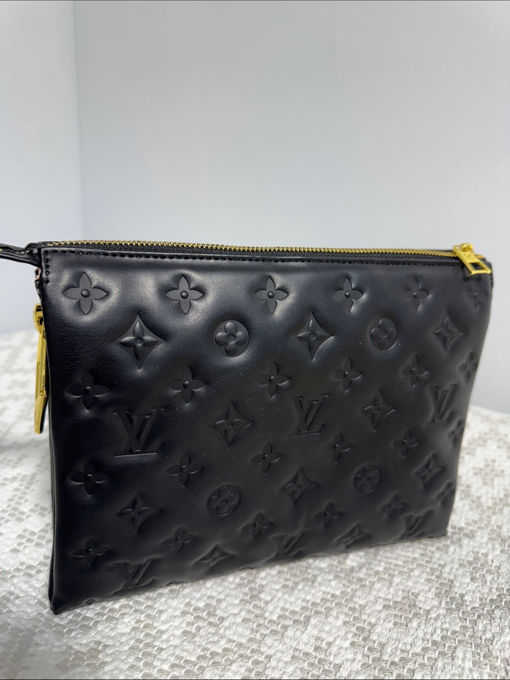 LVBlack Embossed Monogram Leather Pouch with Gold Hardware and shoulder straps
